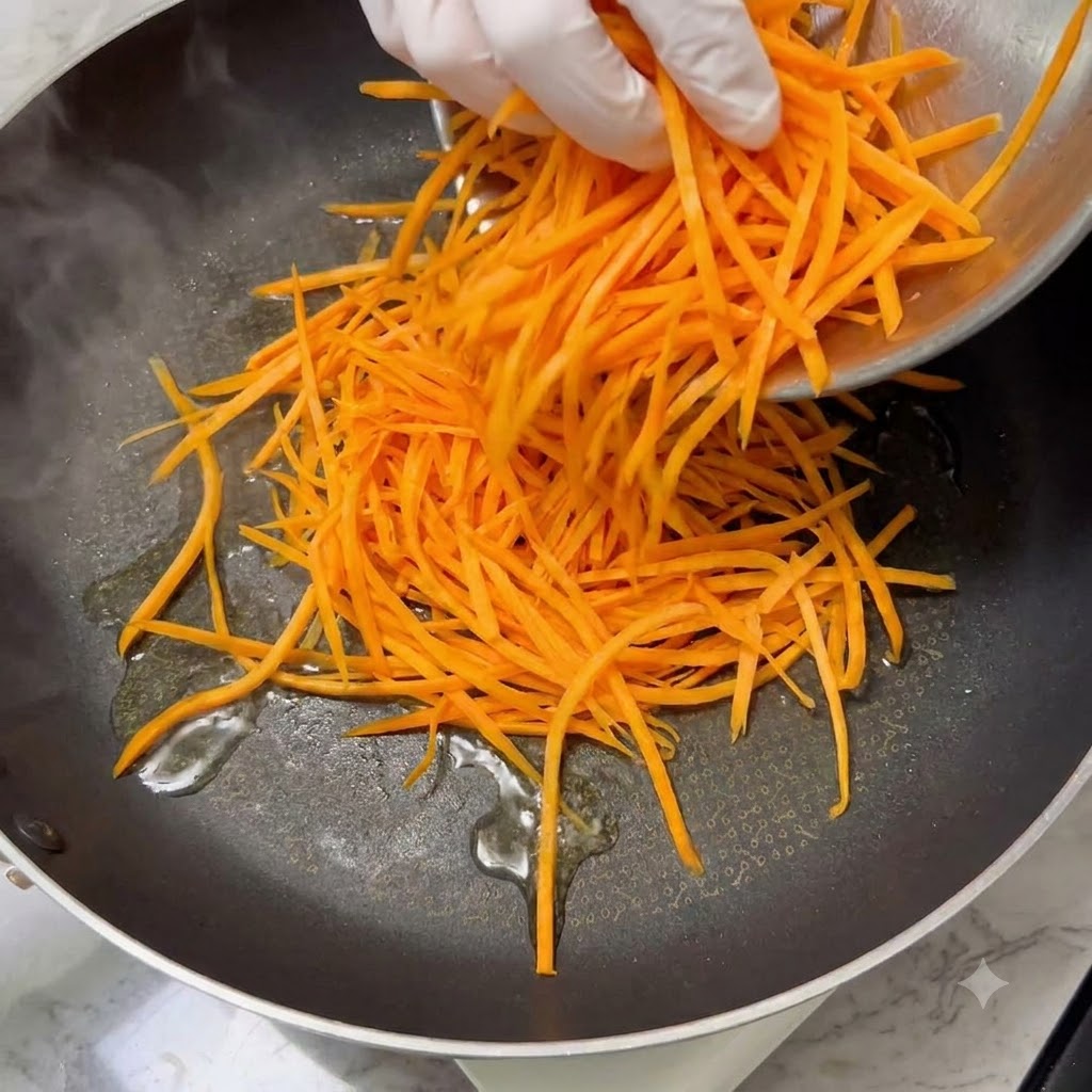 スパチュラを使い、熱したフライパンで調理されている細切りにんじん。