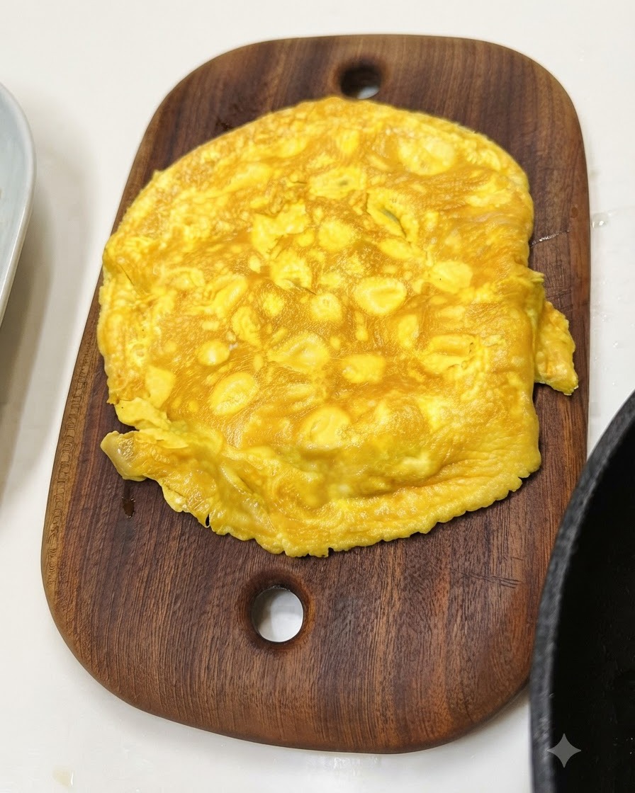 楕円形の木のまな板の上にのった焼き上がった黄色い薄焼き卵。