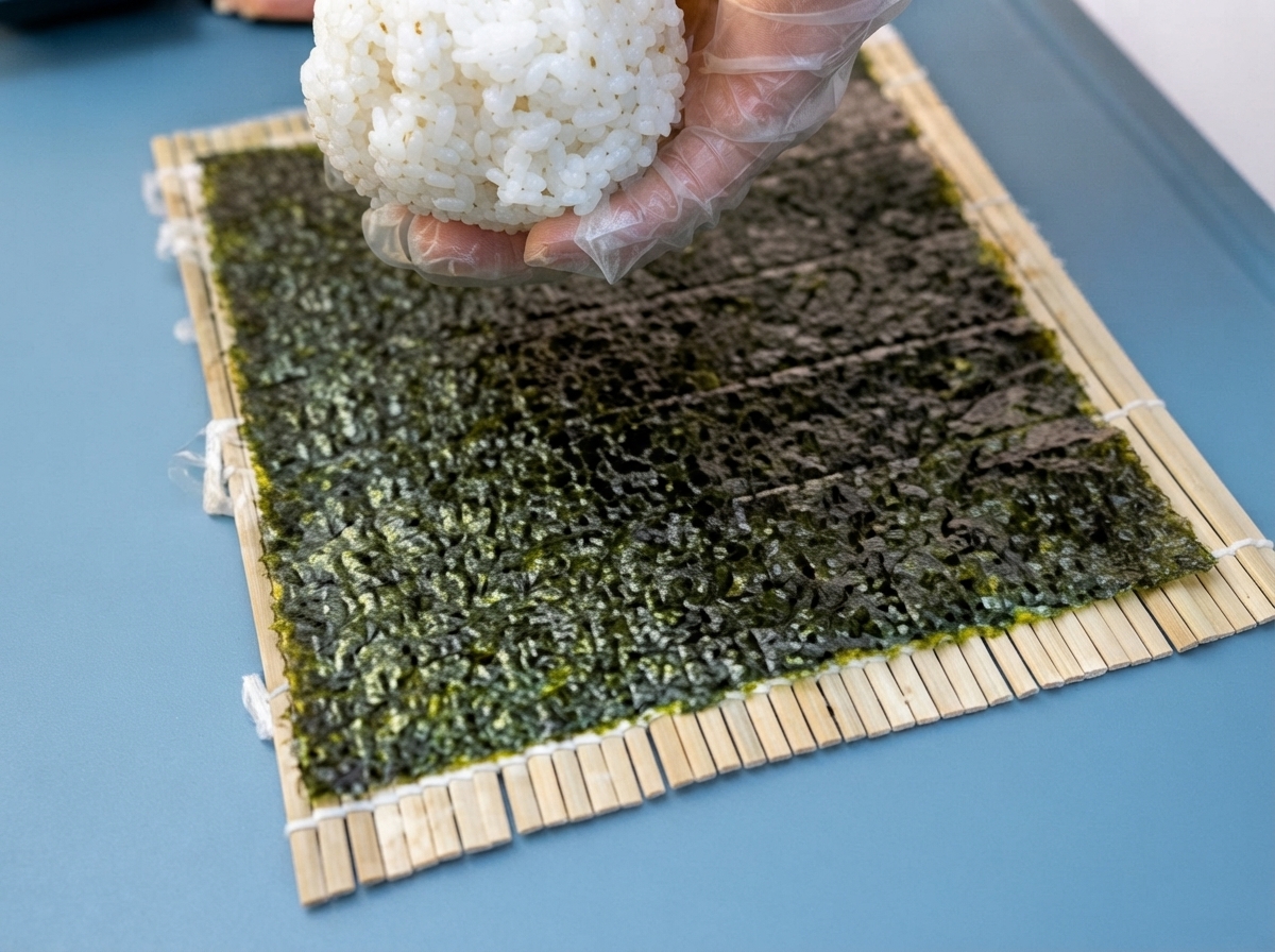 巻きすにのせた黒い焼き海苔の上に丸めたご飯を置く様子
