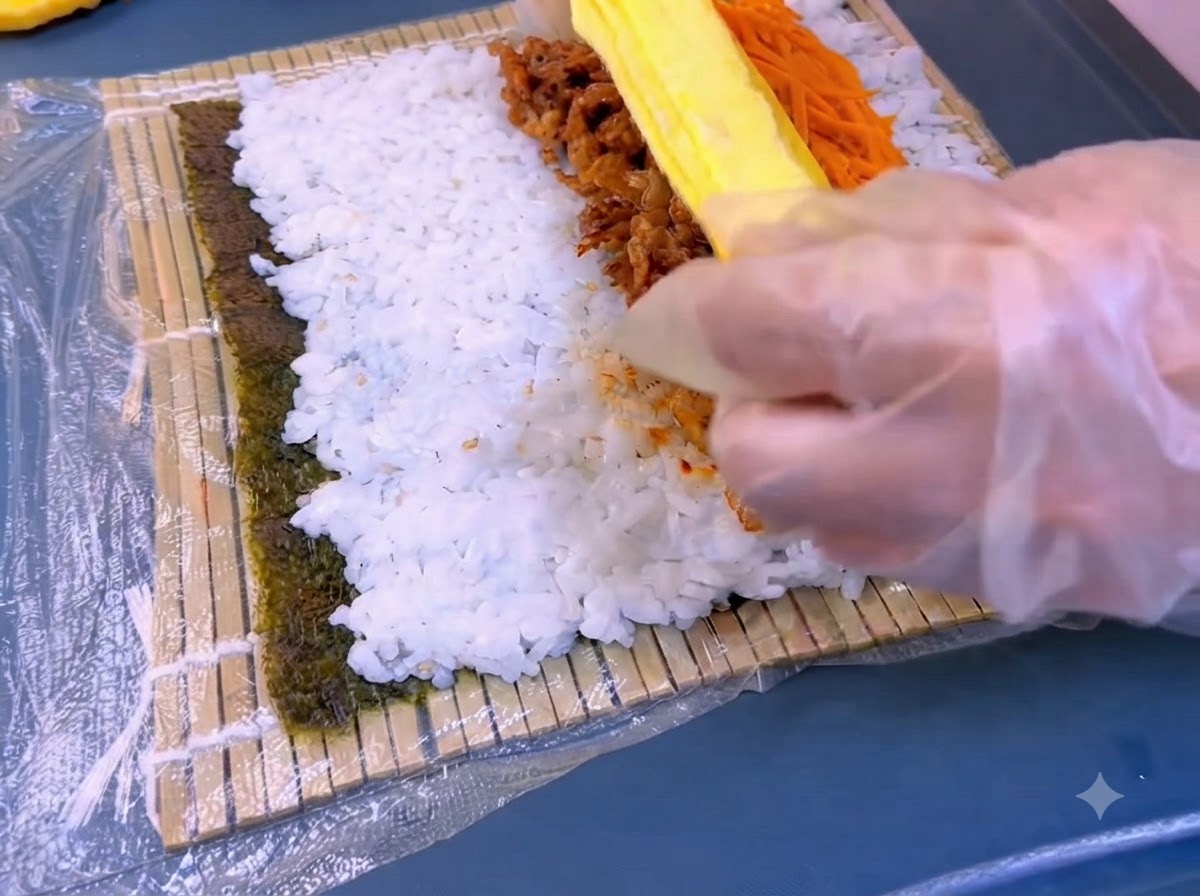 具材の上に重ねられたサンチュと細長い薄焼き卵