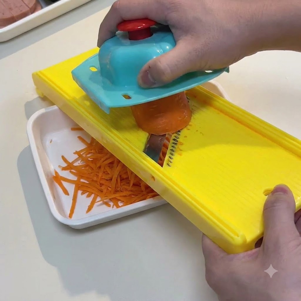 黄色いプラスチック製のスライサーを使って、生の人参を薄い細切りにしている人物。