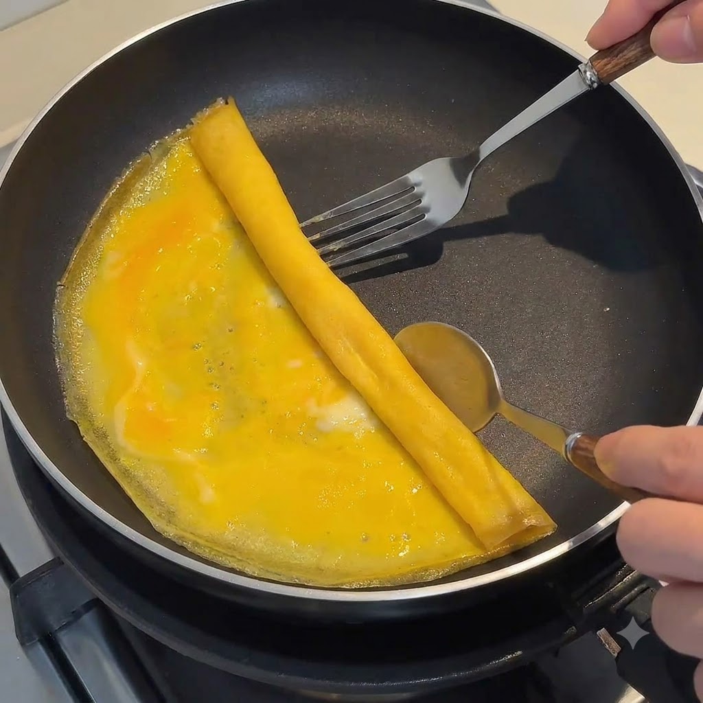 フライパンの中で、フォークとスプーンを使って薄焼き卵がしっかりと巻かれていく様子。