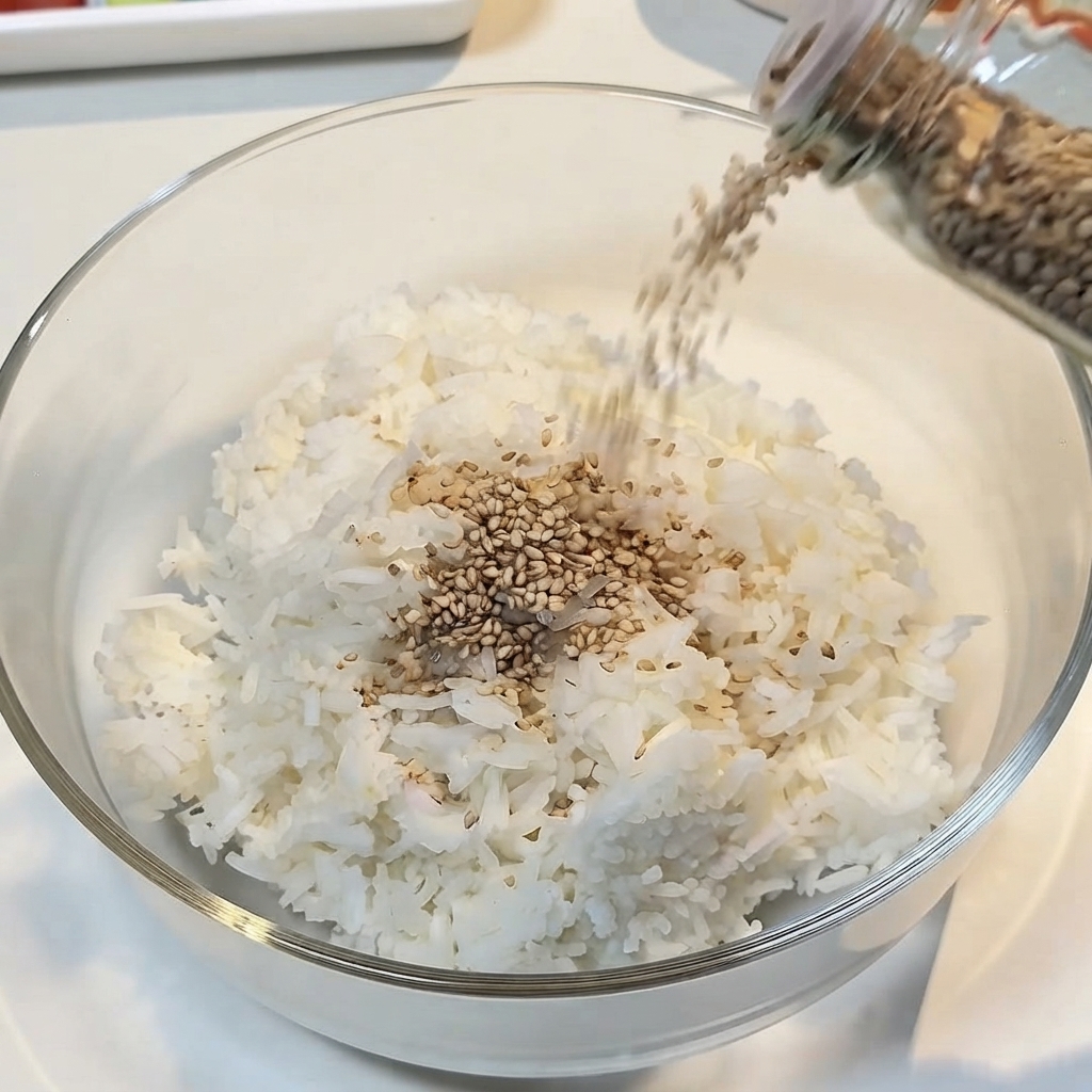 ガラスボウルに入った炊き立てのご飯に、瓶から白いりごまが注がれている様子。