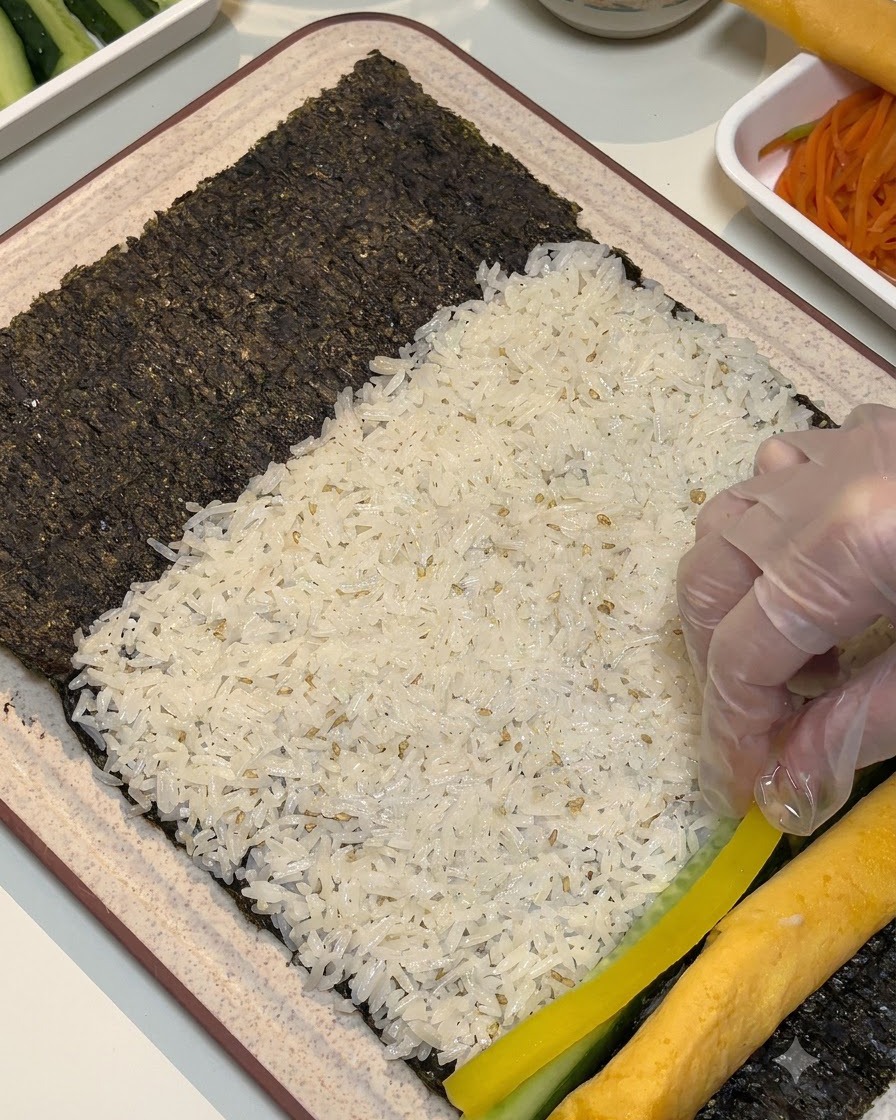 手袋を着用した手が、調理した卵焼きとご飯の隣に黄色の沢庵を並べて置いている様子。