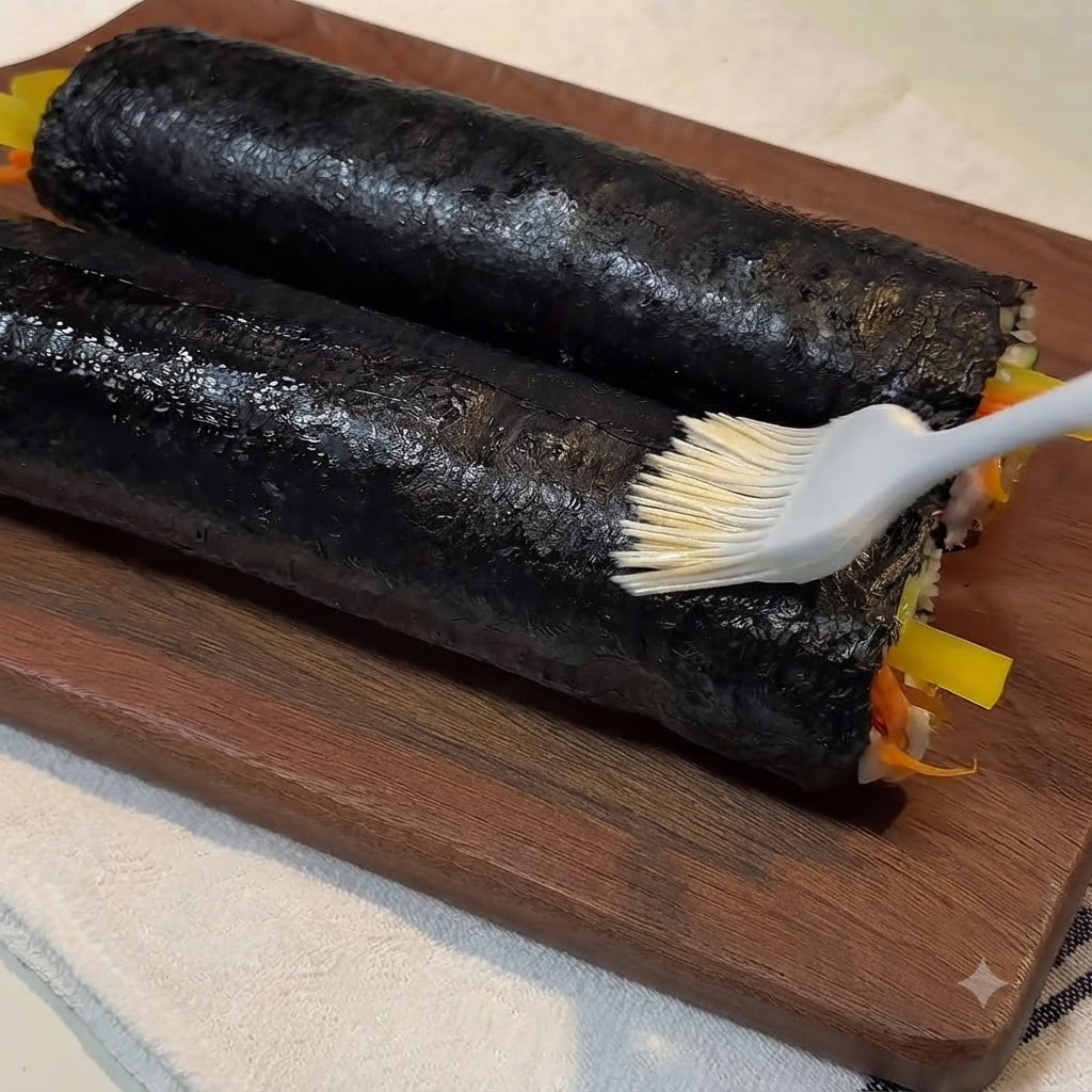 木製のボードの上にある2本の完成した海苔巻きの表面に、シリコンハケで艶やかなごま油を塗っている様子。