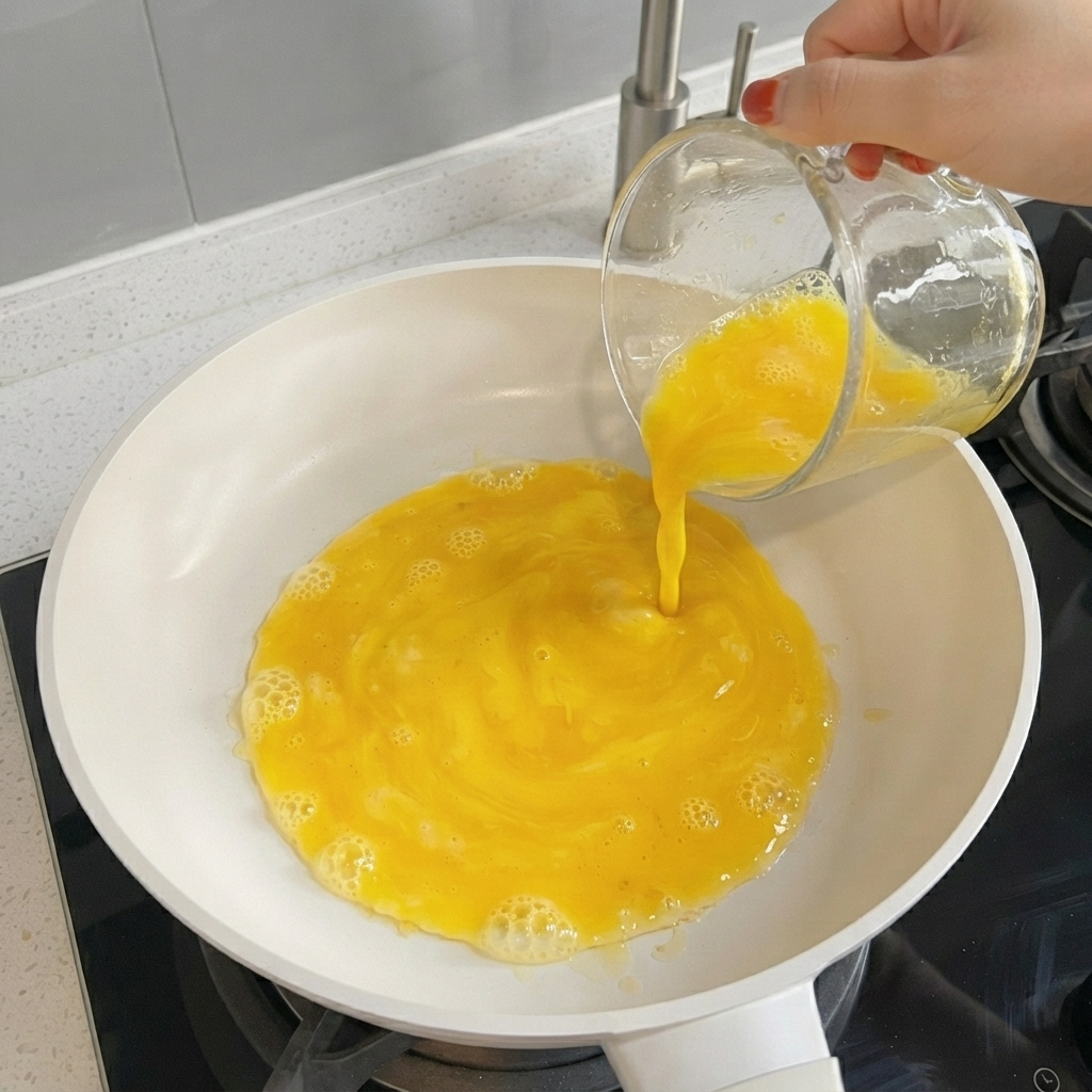 熱したフライパンに溶き卵が薄く広がっていく様子。