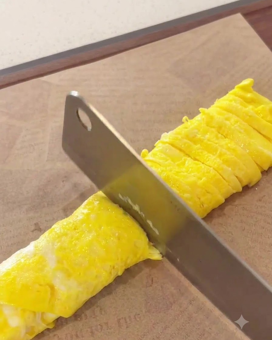 まな板の上で、焼き上がった卵焼きを細長くきれいに切っている様子。