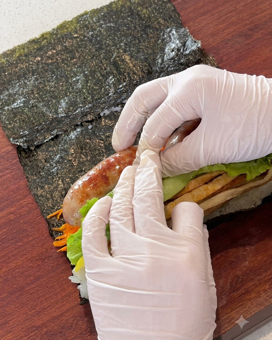 並べた具材の上に、炒めたソーセージと新鮮なレタスが乗せられている様子。