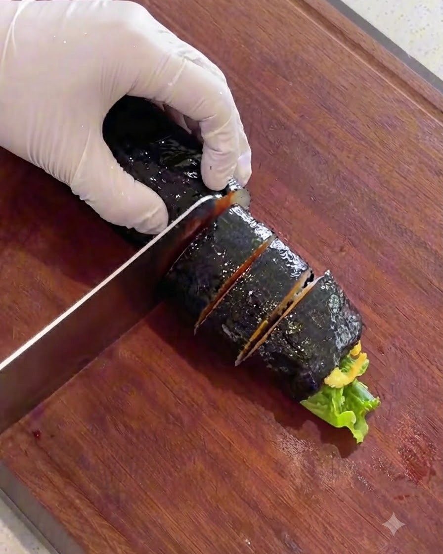 木製のまな板の上で、よく切れる包丁で油を塗ったキンパを切っている様子。
