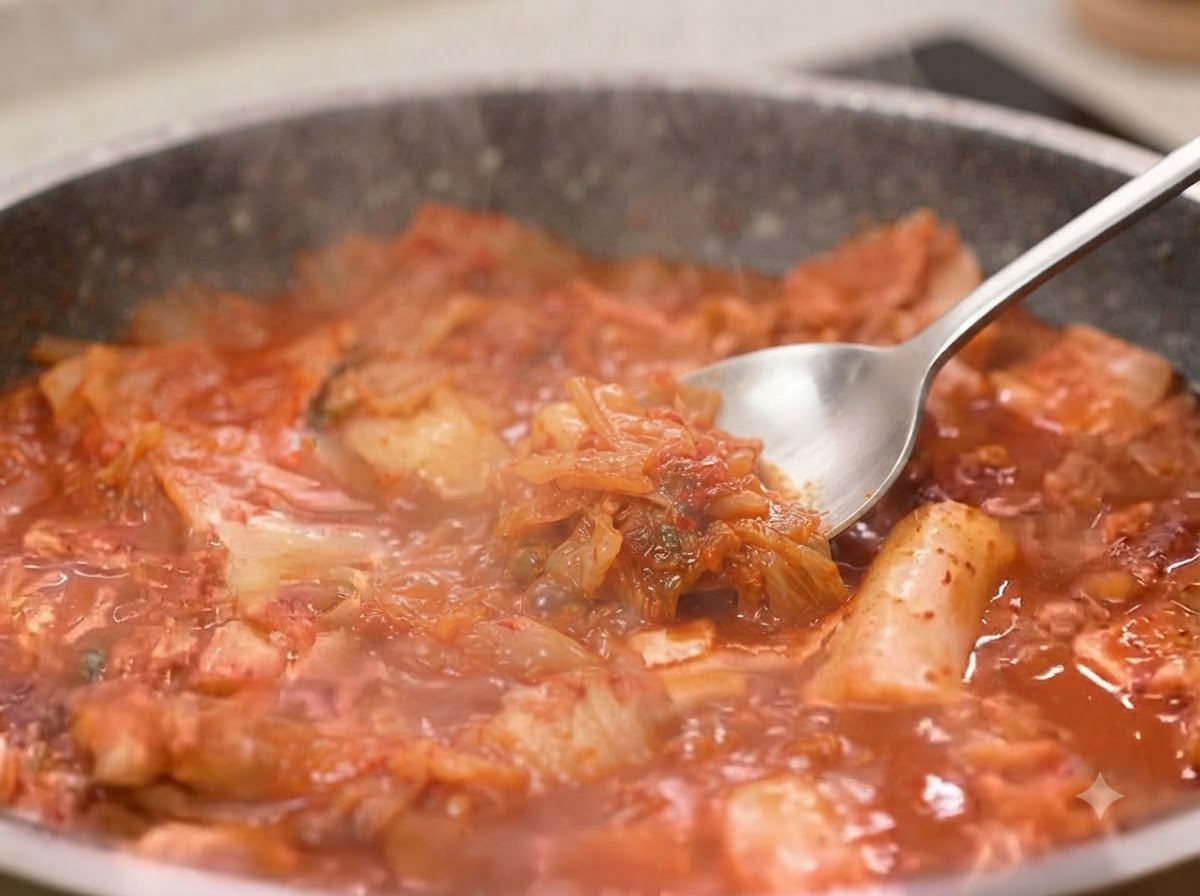 おろしニンニクと薄口醤油をフライパンに加え、キムチと豚肉によく混ぜ合わせている様子