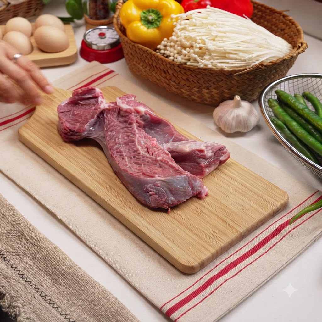 木製のまな板の上で、生の牛肉の塊を薄切りにしている様子。