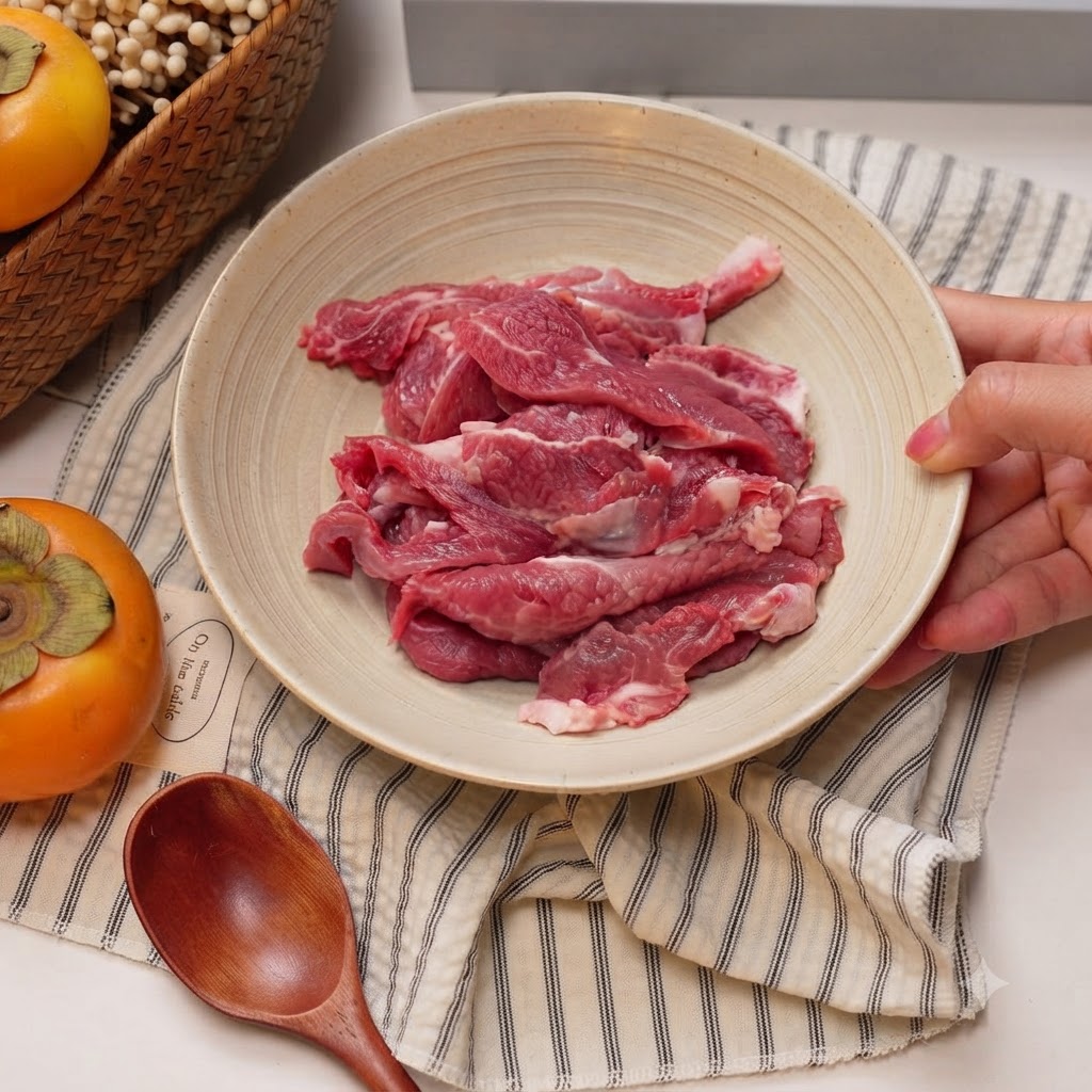 陶器のボウルに入った牛肉のスライスに、醤油、料理酒、片栗粉が加えられている様子。
