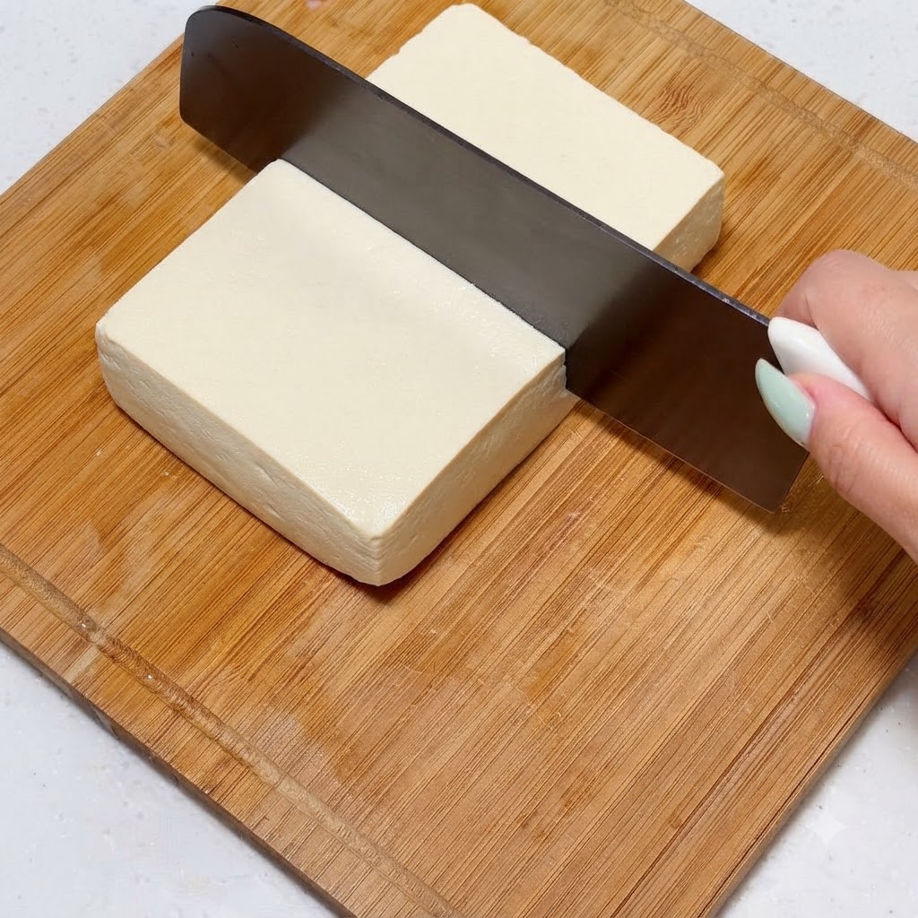 木製のまな板の上で、木綿豆腐を均等な大きさに切っている様子。