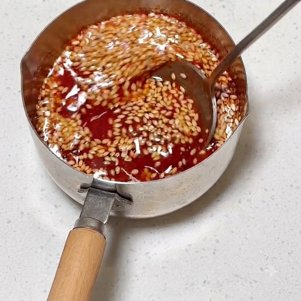 金属製の鍋の中で、スプーンを使ってタレの材料を混ぜ合わせている様子。