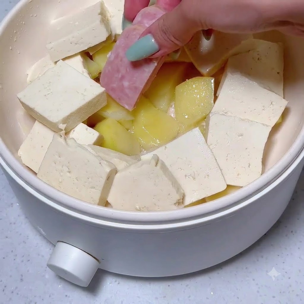 調理用の鍋の中で、他の具材の隙間にランチョンミートのスライスが配置されている様子。