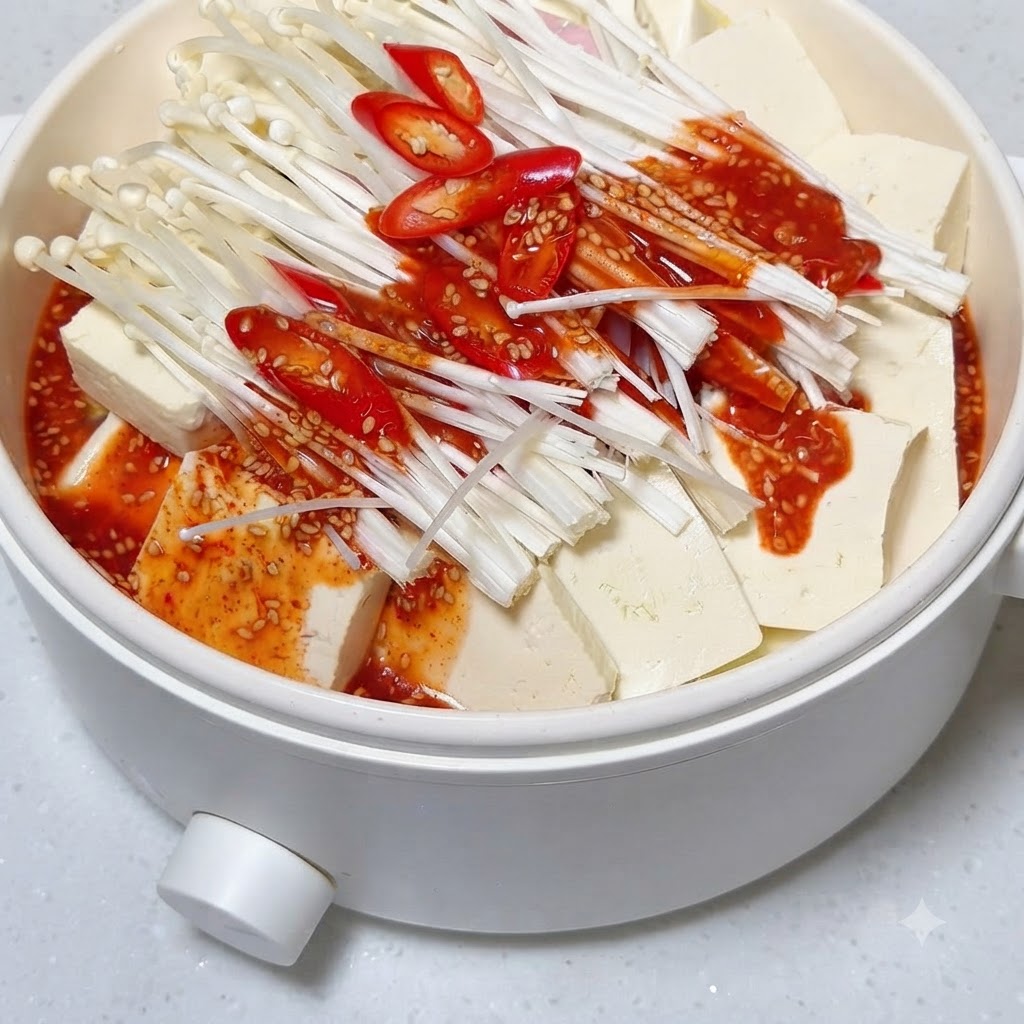 白ごまが入った赤いスパイシーなタレが、鍋の中の並べられた豆腐とキノコの上から注がれている様子。