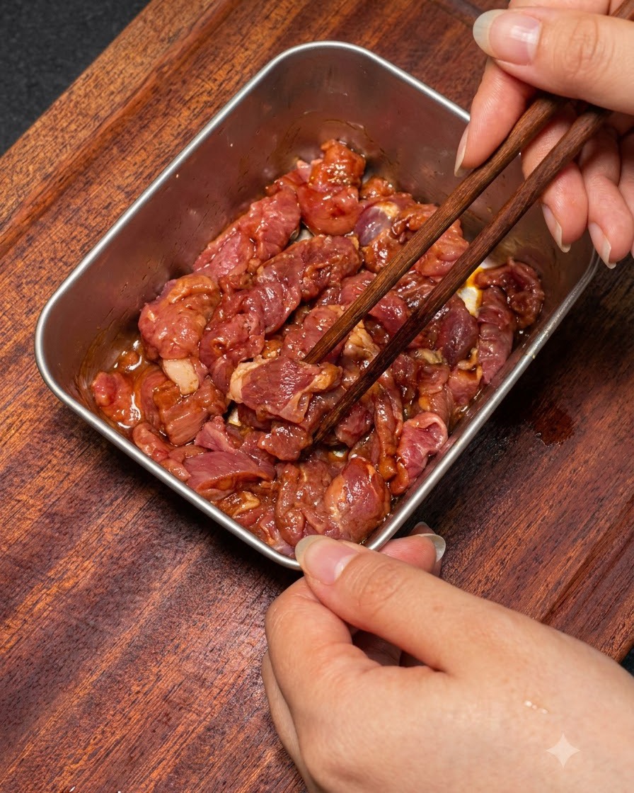 お箸を使って、生の牛肉とマリネ液をバットで混ぜ合わせている様子。
