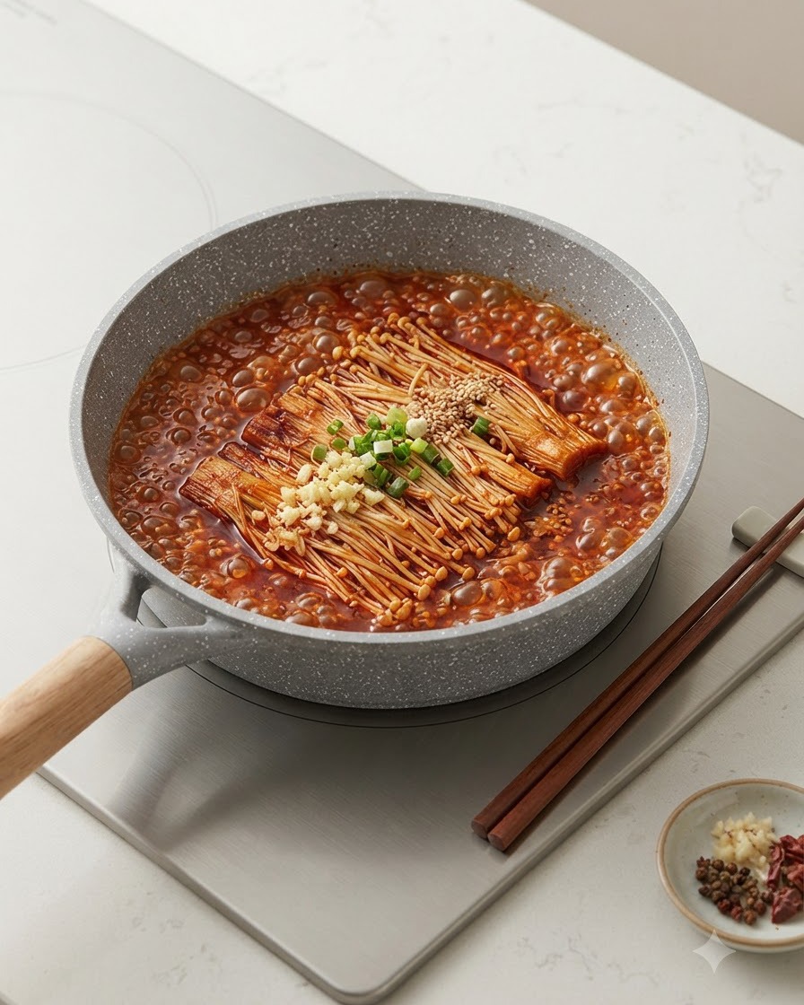 ぐつぐつ煮立つ赤いスープの中央に、えのき茸、おろしにんにく、白ごまが置かれている様子。