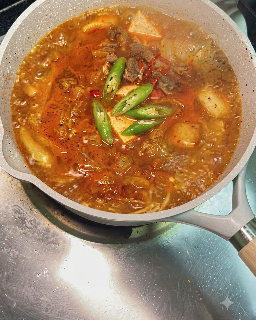 ぐつぐつ煮え立つキムチ牛肉スープの上に、スライスした青と赤の唐辛子が浮かんでいる様子。