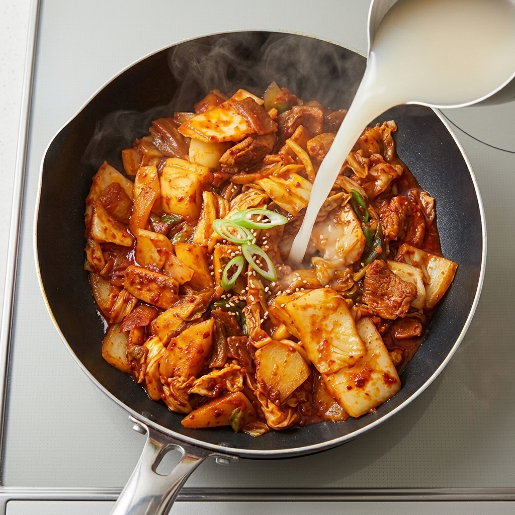 キムチと牛肉の入ったグツグツ煮立つ鍋に、米のとぎ汁が注がれている様子