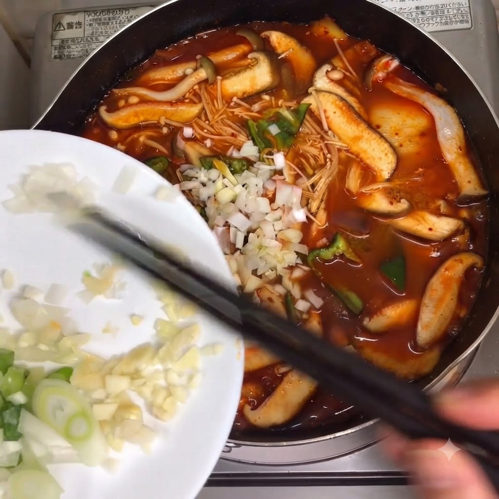 箸を使って、みじん切りにしたニンニクと青ネギが白いお皿から煮込み中のスープの鍋に入れられている様子
