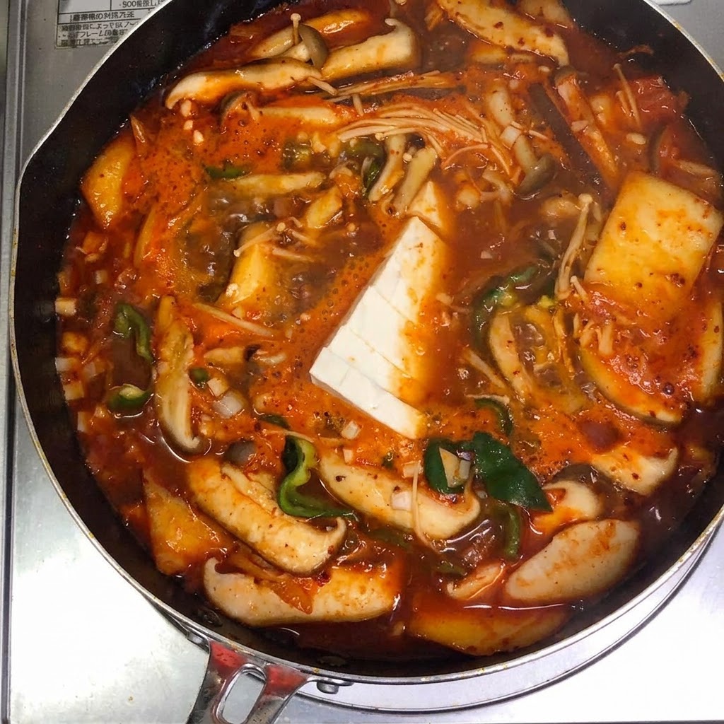 白い木綿豆腐のスライスが、赤いキムチスープが煮立つ鍋の中央に丁寧に並べられている様子