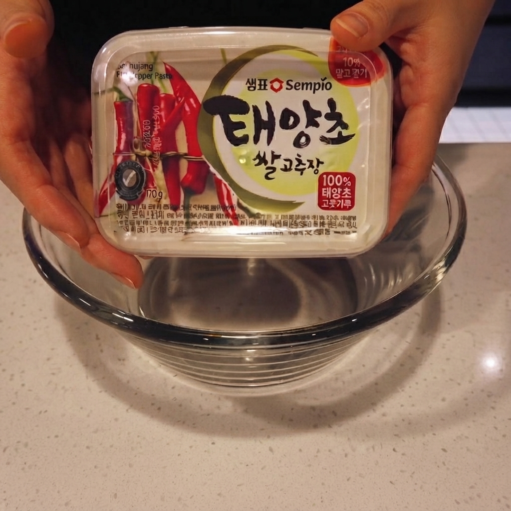 スプーンですくった韓国の赤唐辛子味噌を、ガラスの混ぜ合わせ用ボウルに入れている様子。