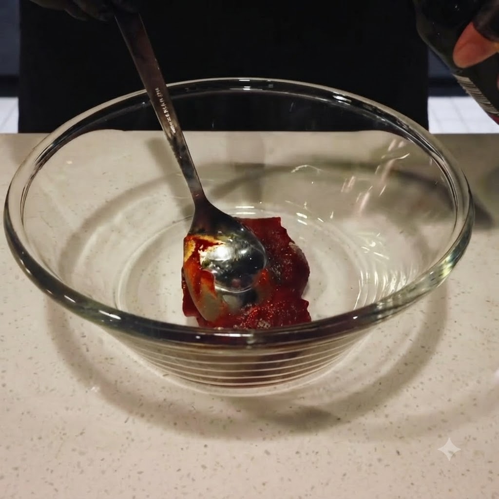 赤唐辛子味噌が入ったガラスボウルに、ボトルからダークソイソースを注いでいる様子。