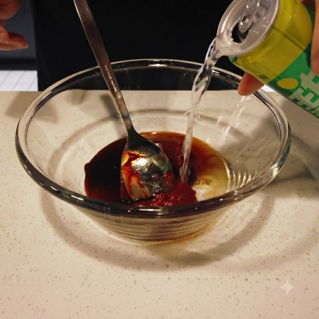 ソースの入ったガラスボウルに、缶からスプライトを注ぎ入れている様子。