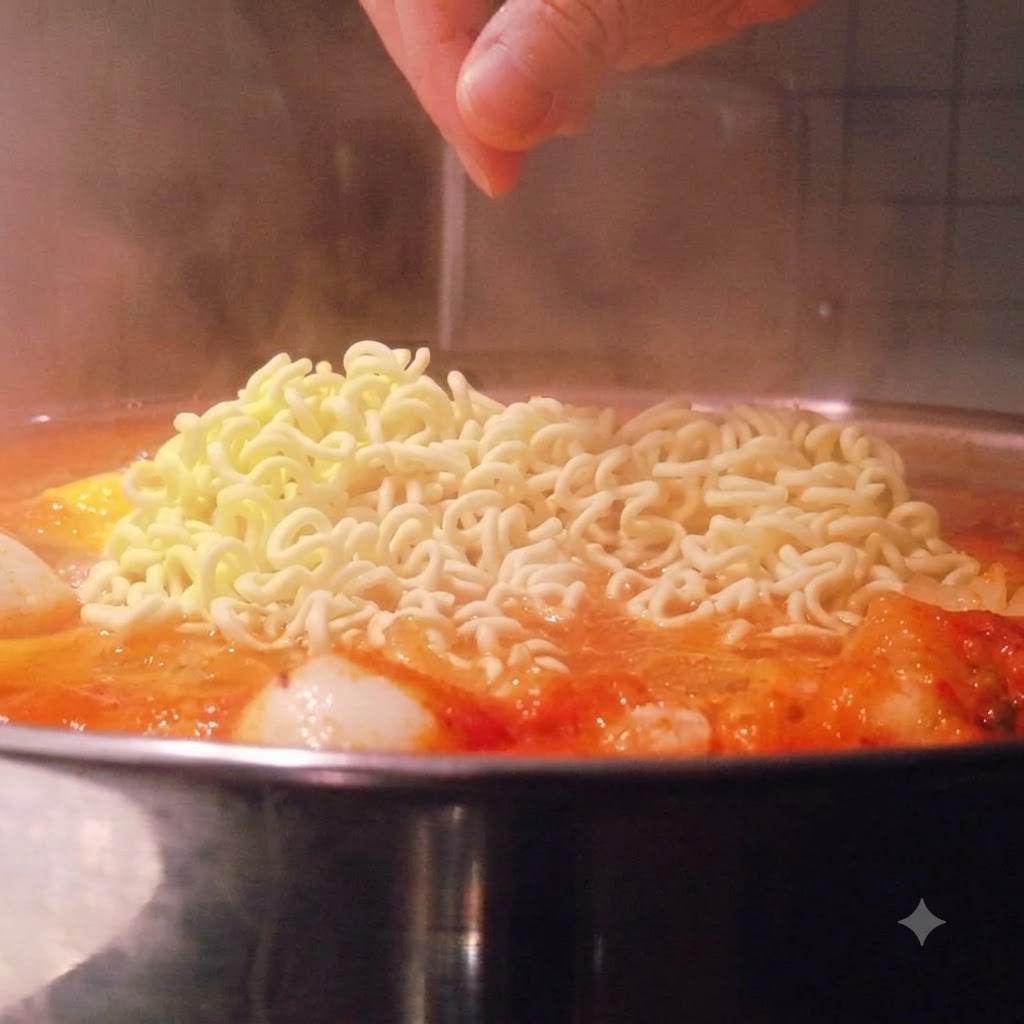 ぐつぐつと煮える赤いスープの鍋に、インスタントラーメンの麺の塊を入れている様子。