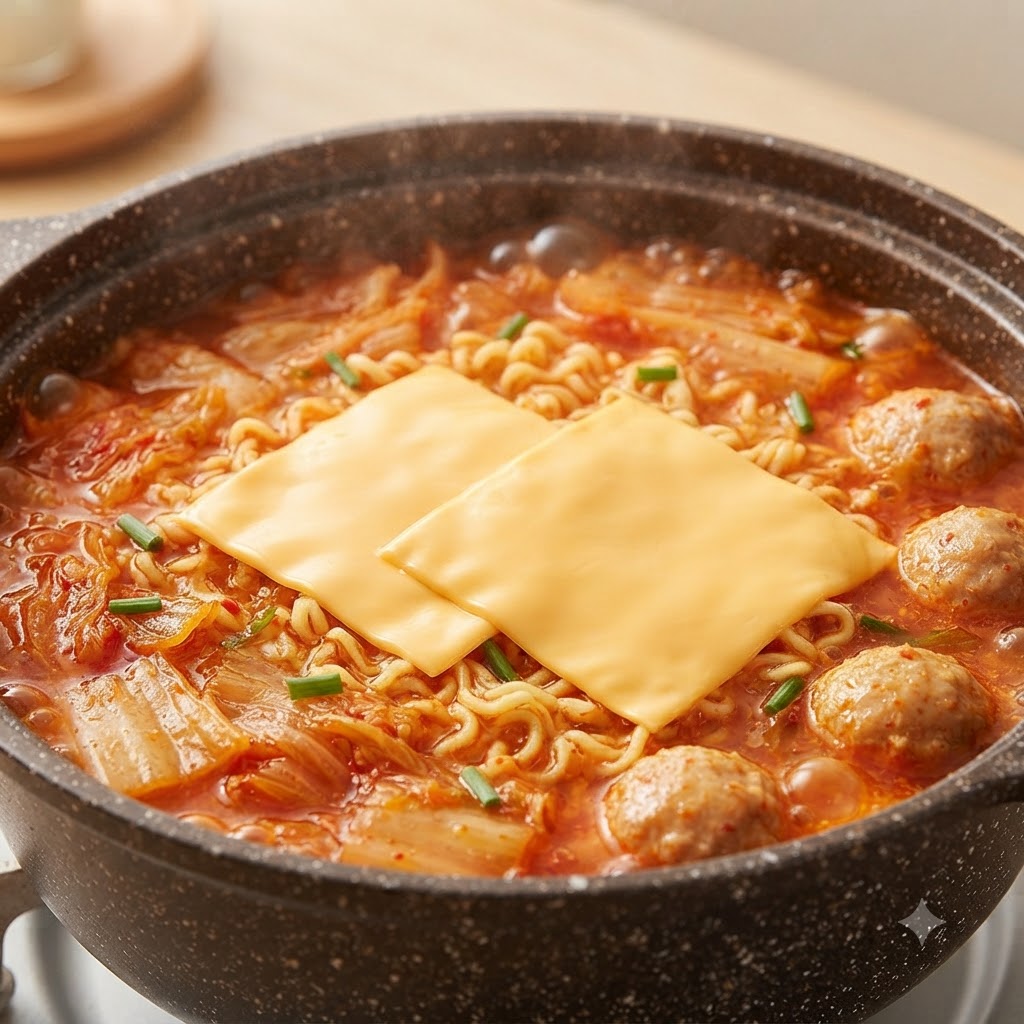 鍋で調理中のラーメンの麺の上に、2枚のチーズをのせている様子。