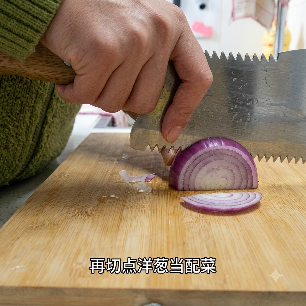 木のまな板の上で赤玉ねぎを包丁で薄くスライスしている様子。