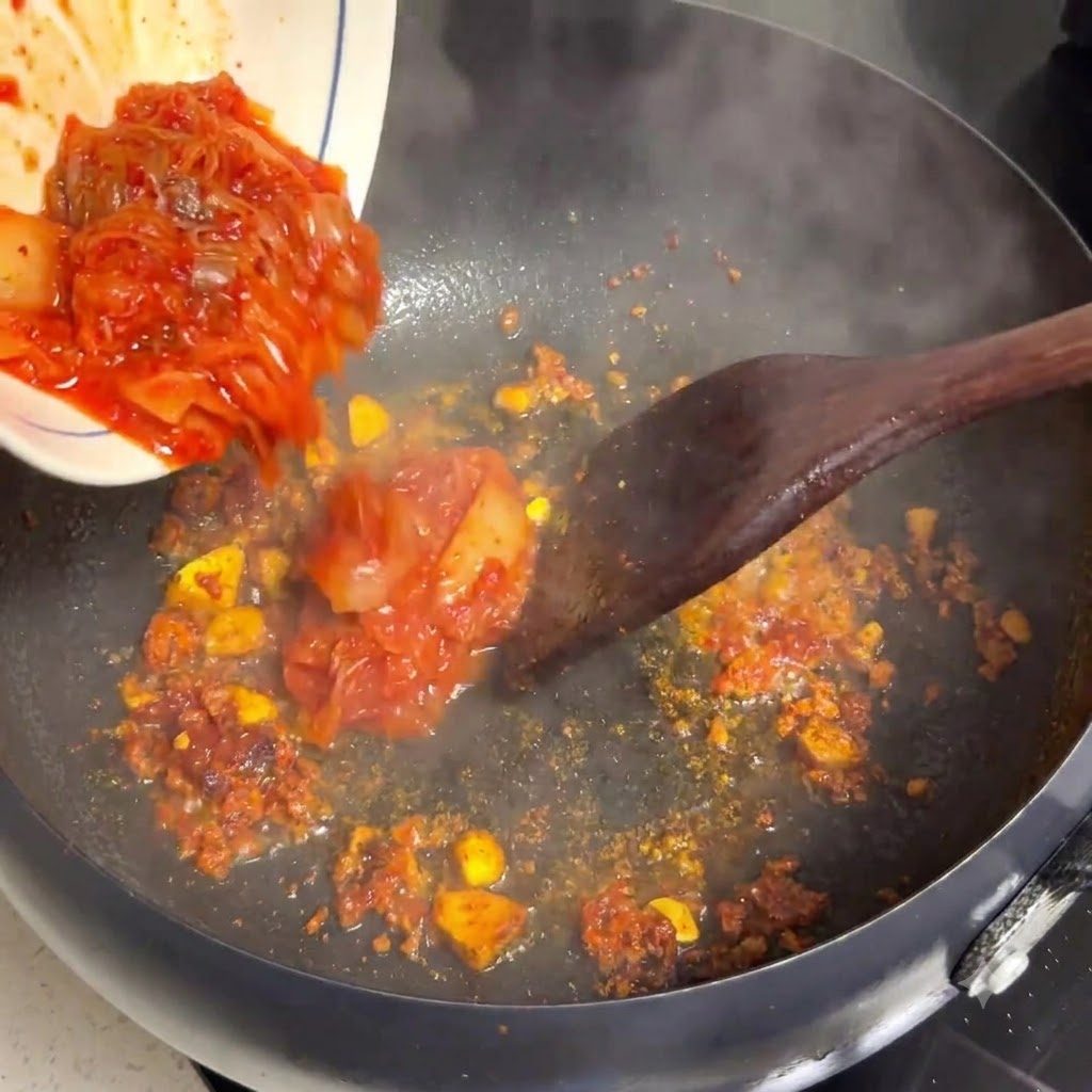 トマトと玉ねぎが入ったフライパンに、生の薄切り牛肉を入れている様子。