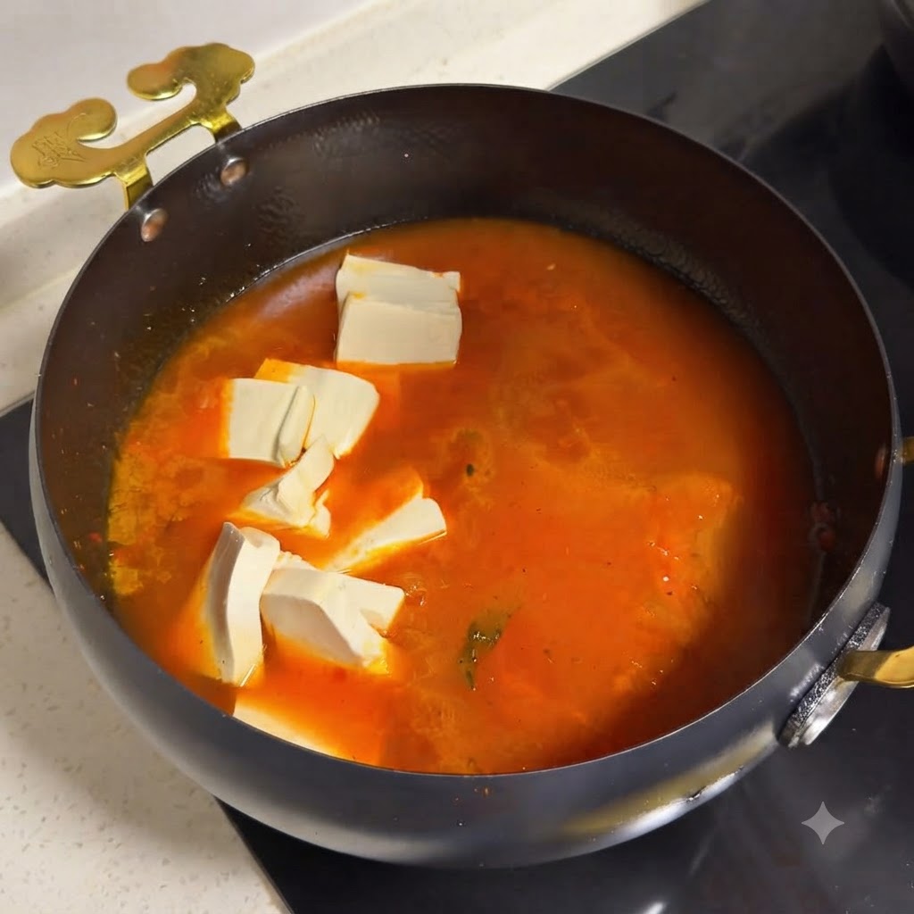 牛肉とトマトが入ったフライパンにダークな旨味ソースを注ぎ入れている様子。