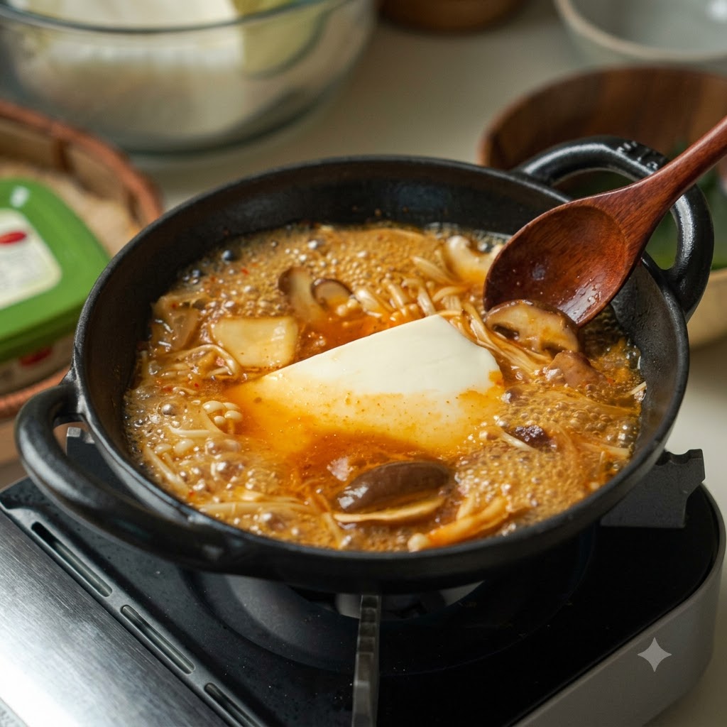 鋳物ホーロー鍋の中の濃い特製スープで煮込まれている豆腐のブロックときのこ。