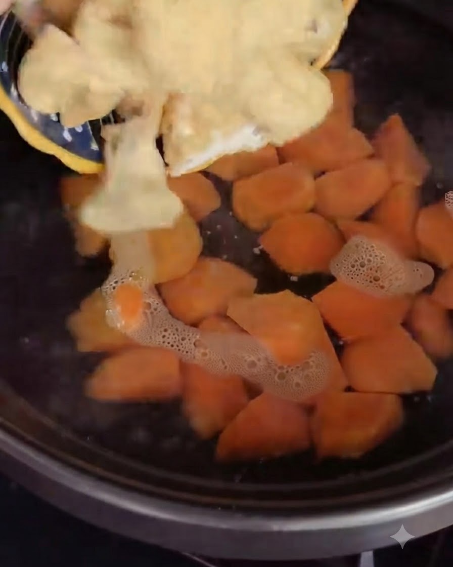 調理中の鍋に豆腐パフを加えている様子。