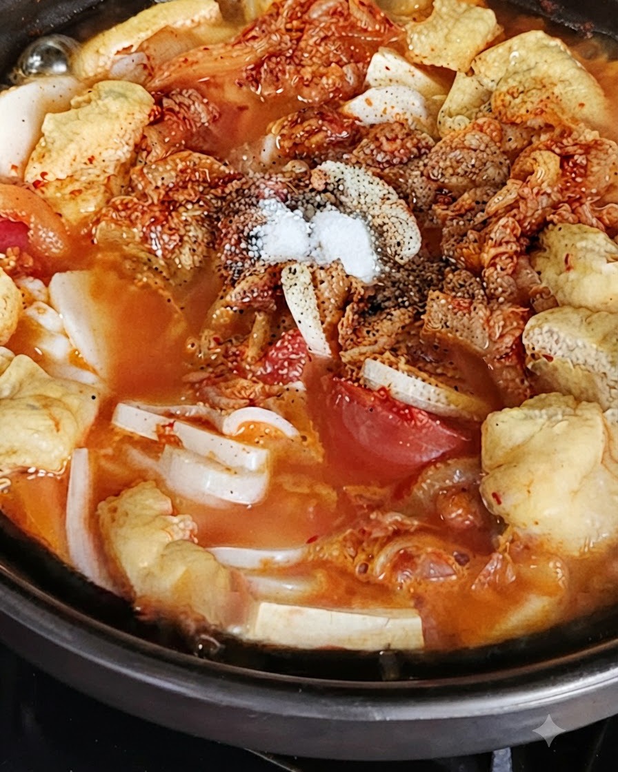 熱々の鍋料理の中心に塩を加えている様子。
