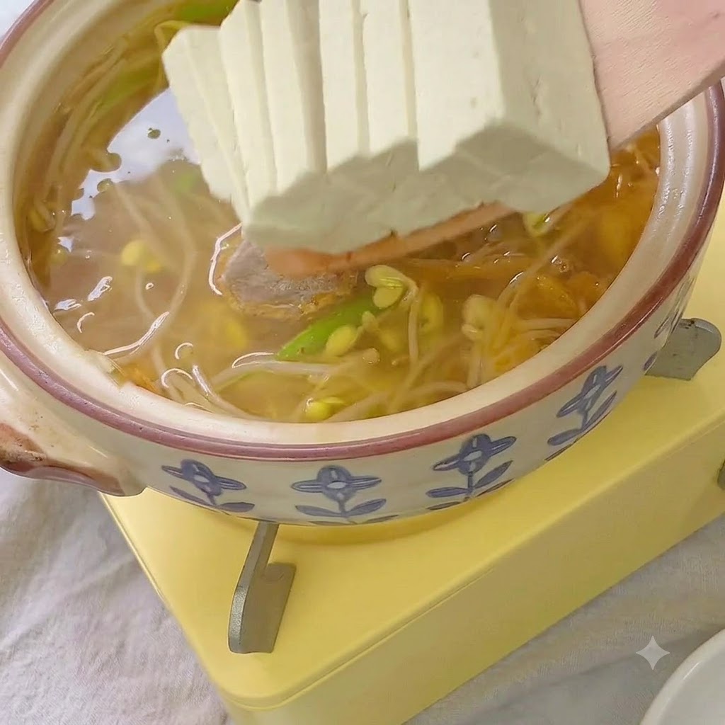 スープの入った鍋に、木綿豆腐のスライスと肉団子が加えられている様子。
