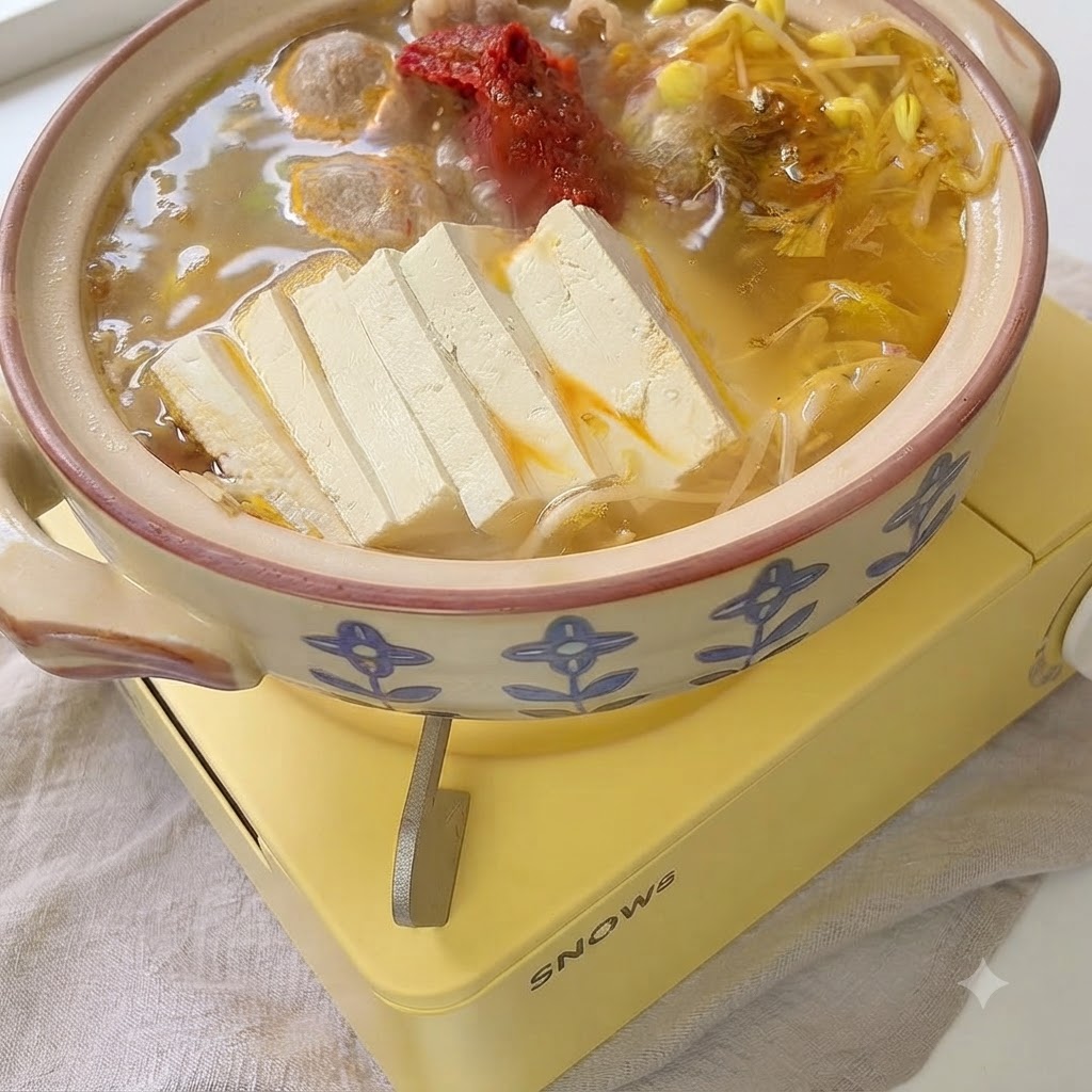グツグツと煮立つ鍋に、コチュジャンと調味料が加えられている様子。
