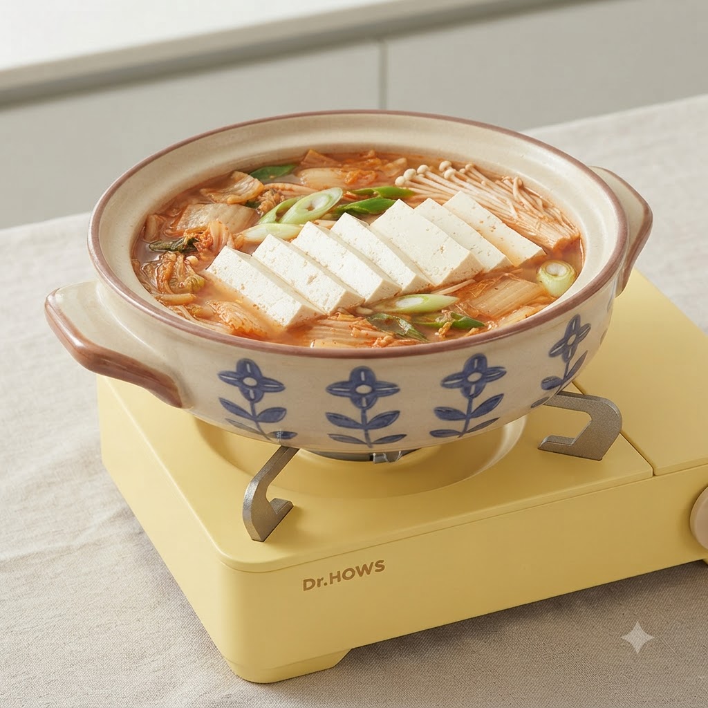 韓国風スープが煮立つ鍋に、新鮮なえのき茸と冷凍餃子が綺麗に並べられている様子。