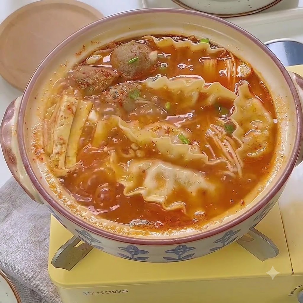 刻み青ねぎと白ごまがトッピングされた、出来上がりの韓国風キムチ餃子鍋。