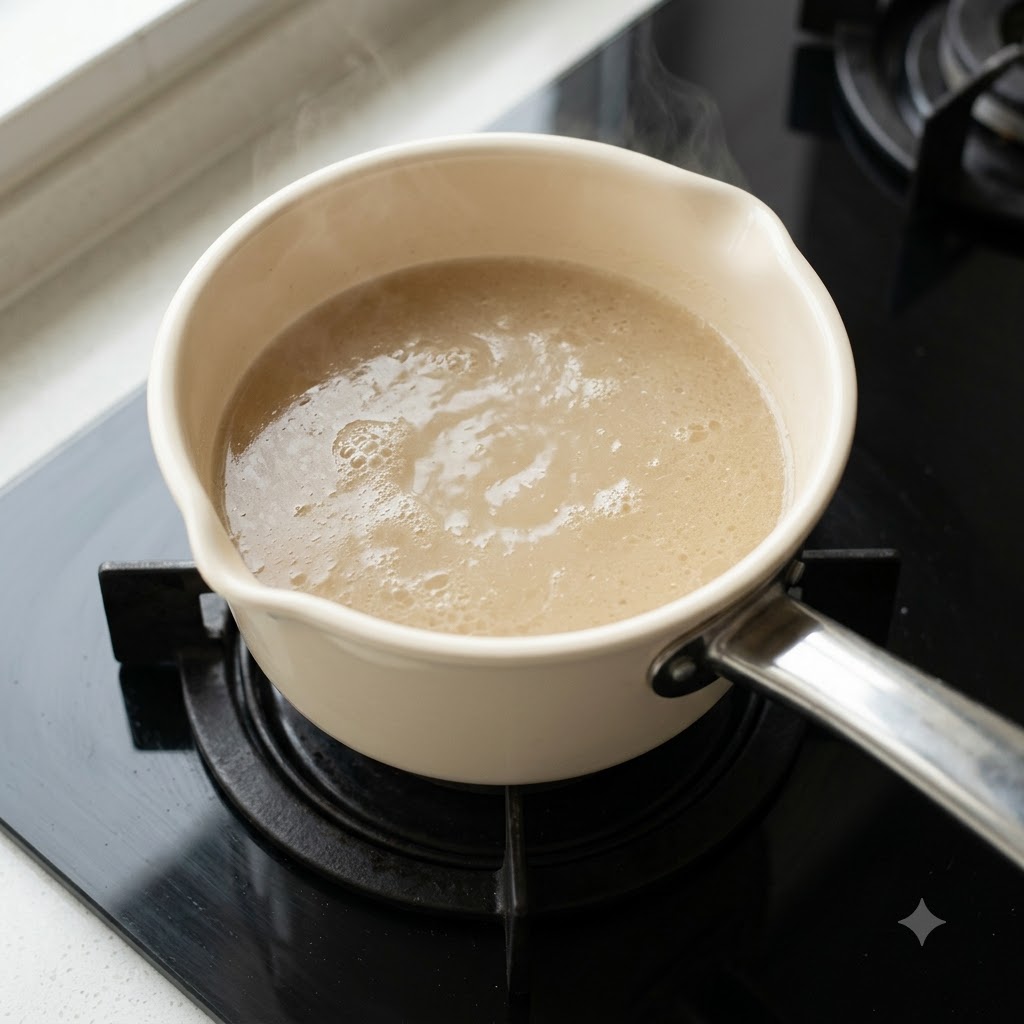 コンロの上で乳白色の牛骨スープが煮込まれている鍋。