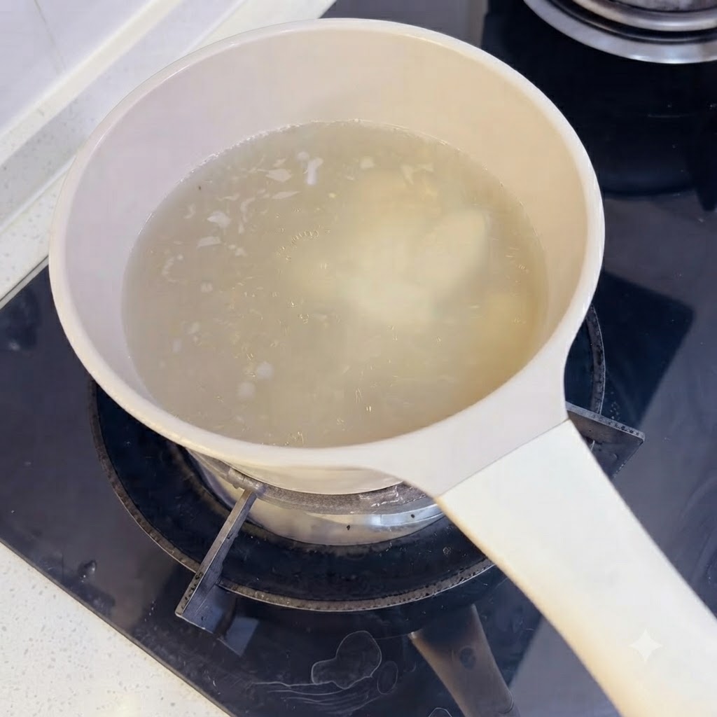 木製の調理器具を使い、スープの鍋にみじん切りにんにくを混ぜ入れている様子。
