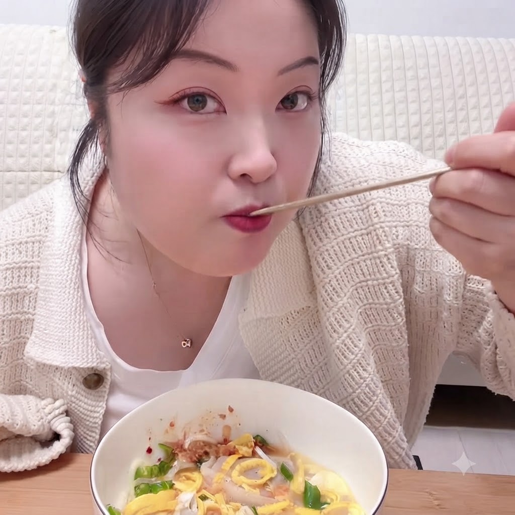 沸騰しているスープの鍋の中に、キムチ餃子を入れている様子。