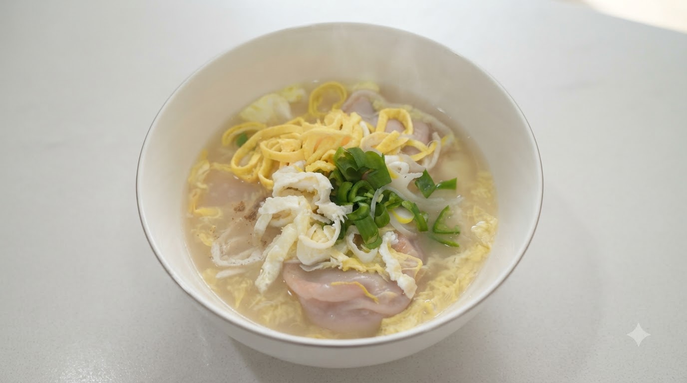 温かいスープに入った韓国風お餅と餃子のスープ。黄色と白の錦糸卵、刻んだ緑色の青ねぎがトッピングされた白いお椀。