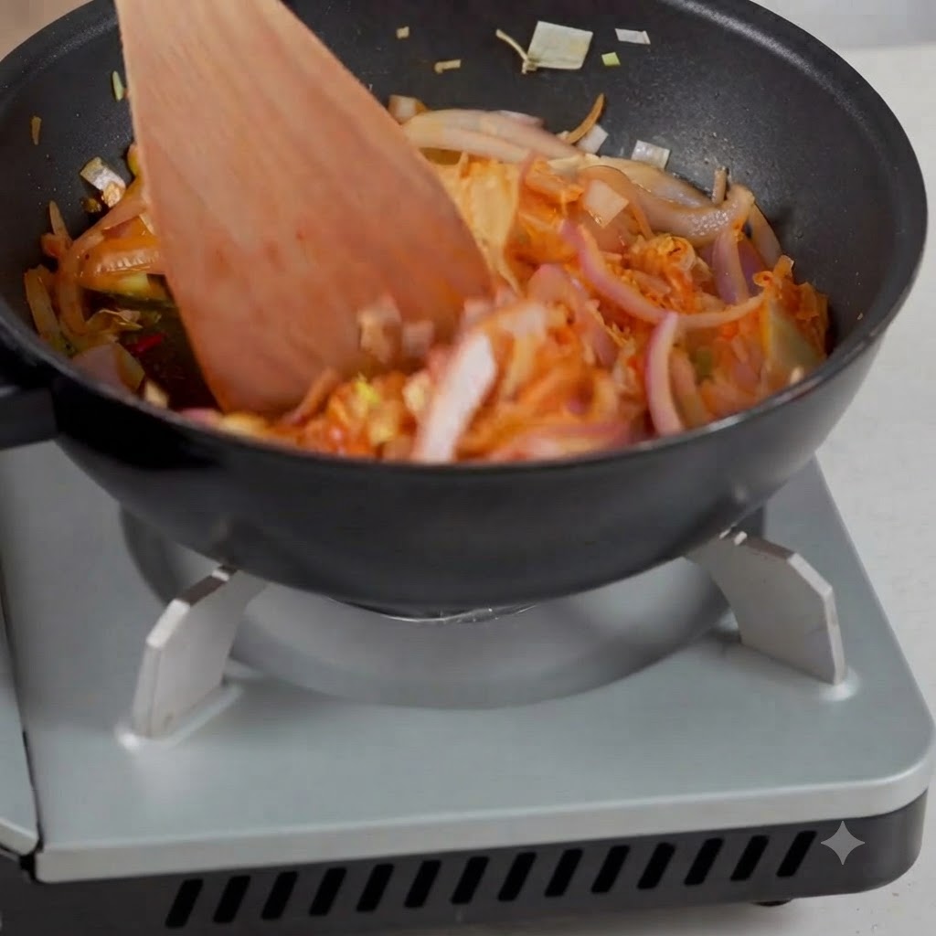 炒めたキムチと玉ねぎが入った鍋に、水を注ぎ入れている様子。