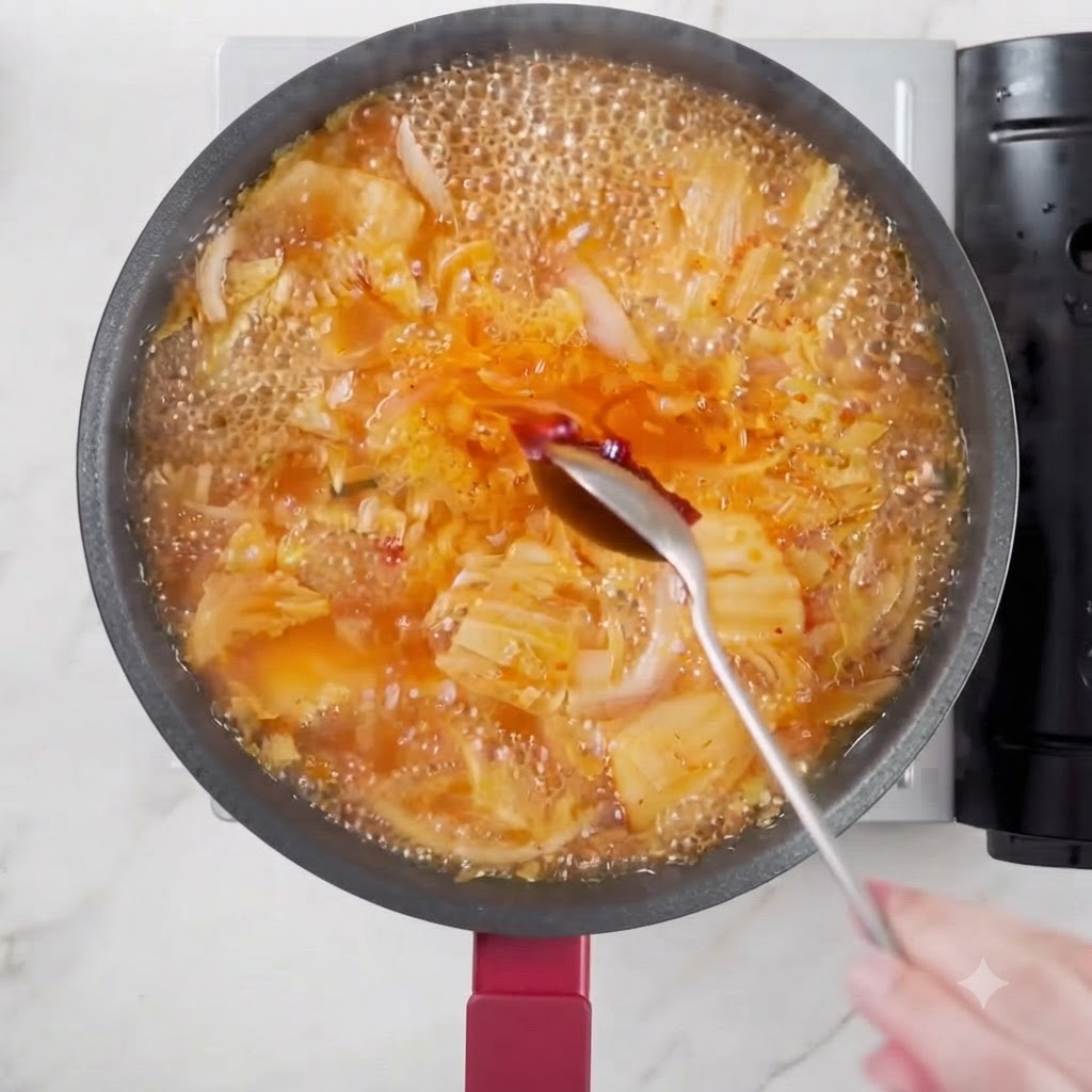 スプーンに乗せた韓国風ホットペーストを、泡立つスープに溶かし入れている様子。