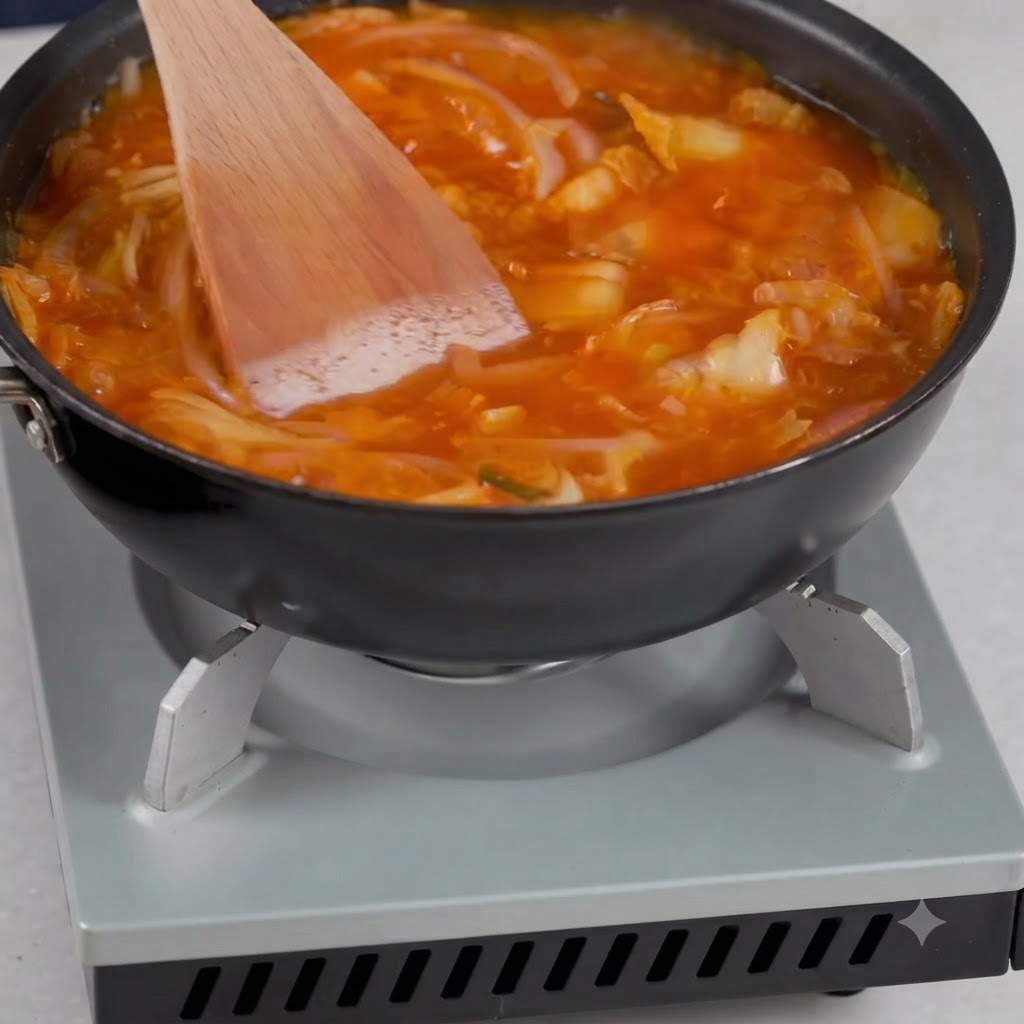 木製のヘラを使って、鍋の中でスープの具材と調味料を混ぜ合わせている様子。