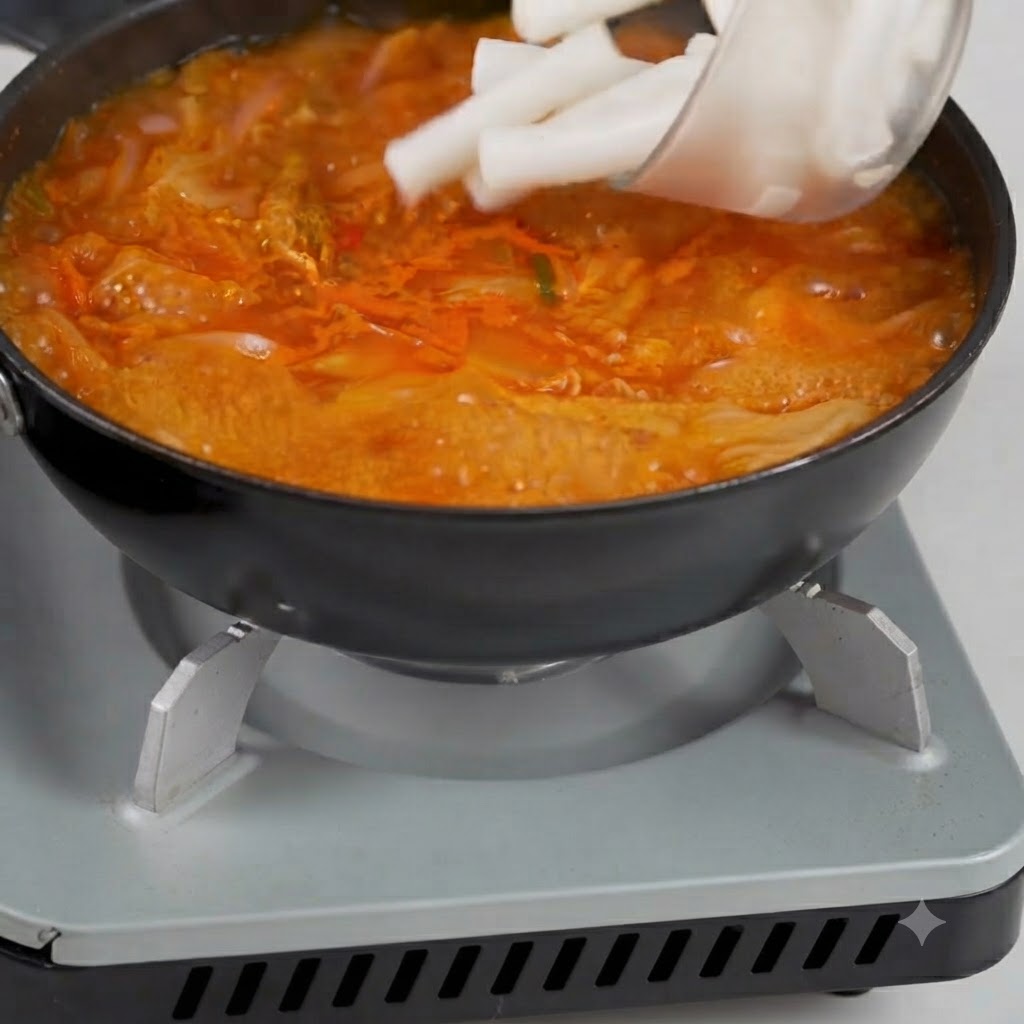 下茹でされた白い餅を、赤く泡立つキムチスープの鍋に直接投入している様子。