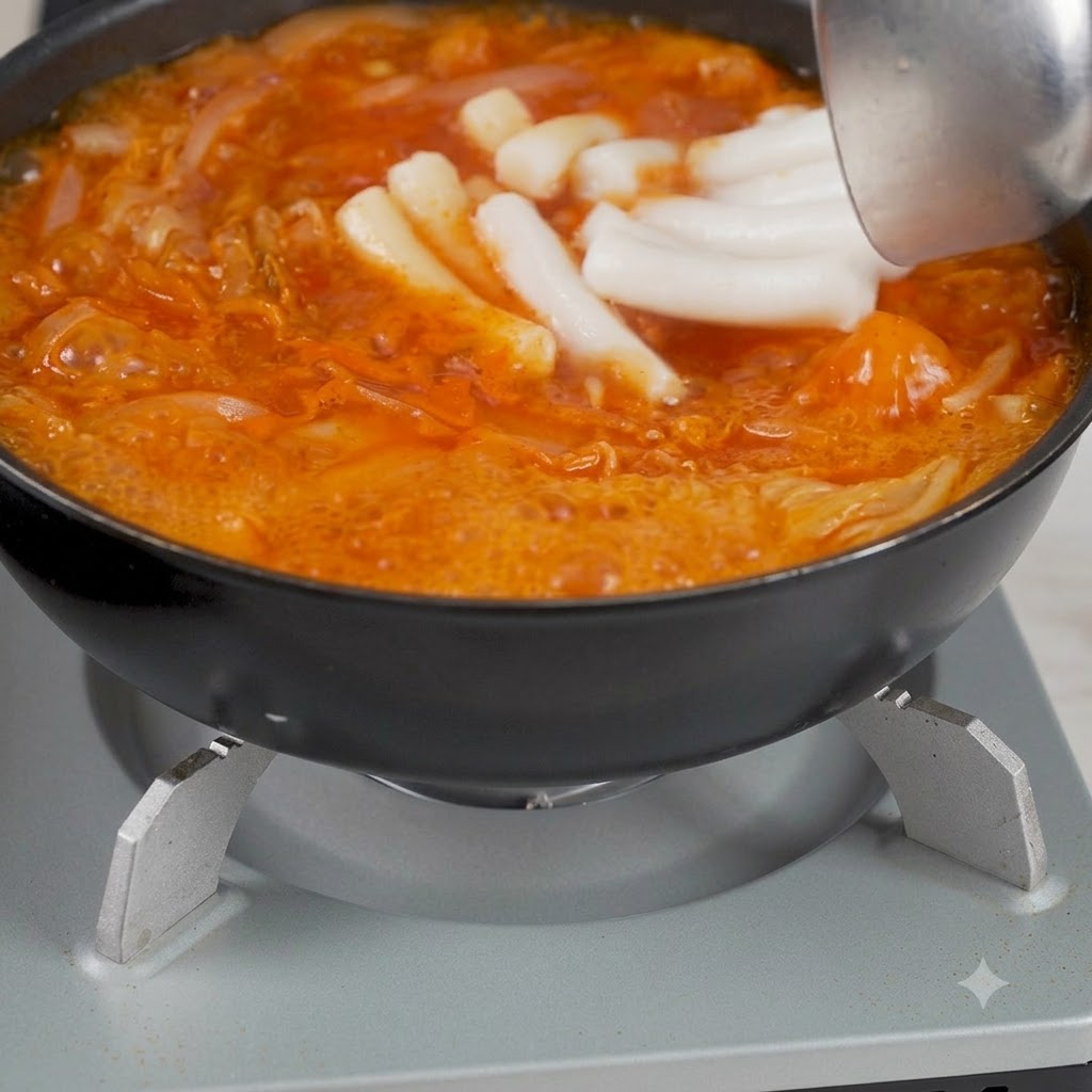 調理器具を使って、韓国キムチ餃子を鍋に一つずつ投入している様子。